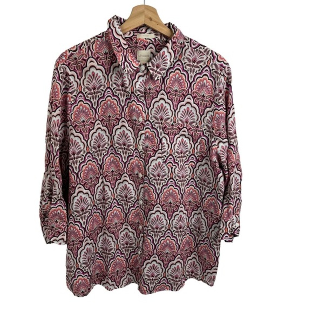 Chico's Shirt women sz 3 No Iron 100% Linen paisley utility blouse Long sleeve